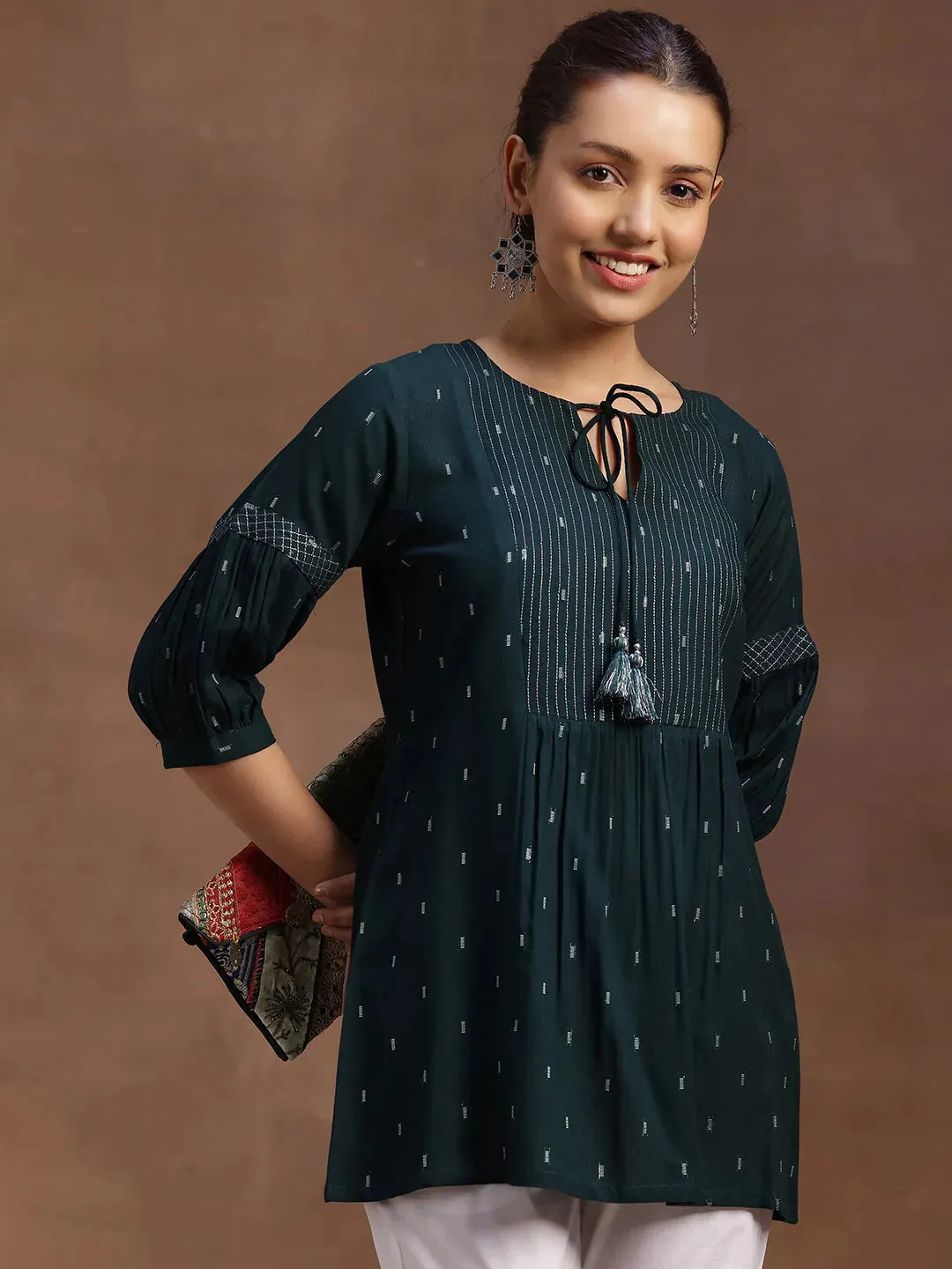29107O_1-1.webp Green Woven Design Rayon A-Line Kurti - Image 1