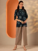 Blue Printed Silk Blend Straight Short Kurti - Image 5