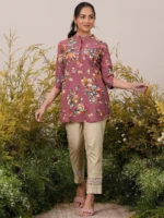Pink Printed Silk Blend A-Line Kurti - Image 4