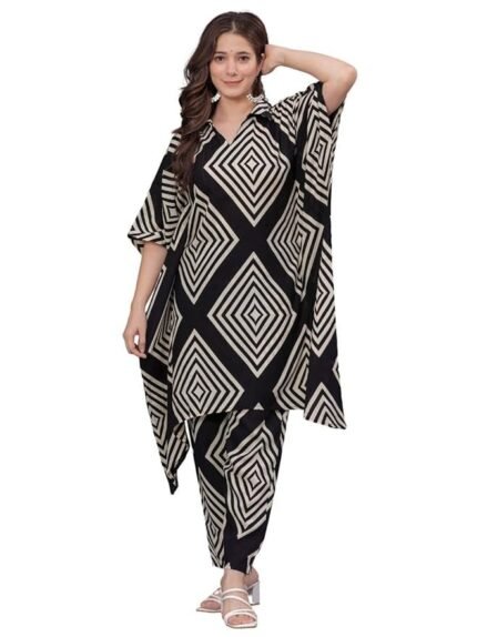 Rayon Women's Printed Kaftan Kurta Pant Set