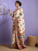Cream Woven Viscose Saree with Unstitched Blouse - Image 3