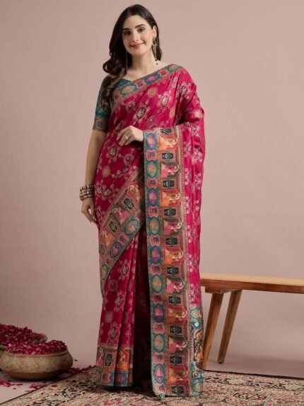 Pink Woven Viscose Saree with Unstitched Blouse