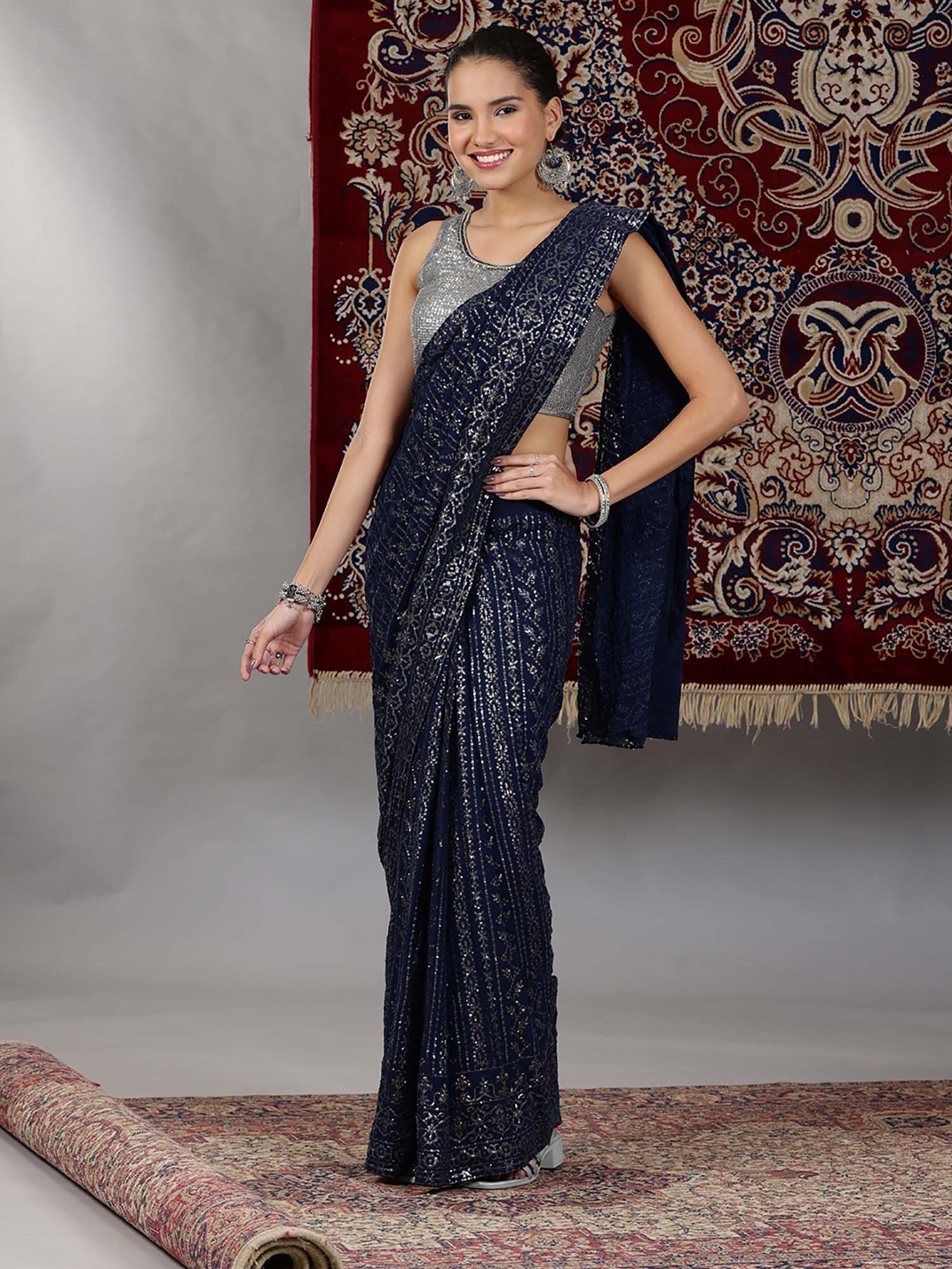 a66df2824AUD10647400188_1.jpg Silver and Blue Sequin Embellished Crop Top and Pre-Stitched Saree (Set of 2) - Image 1