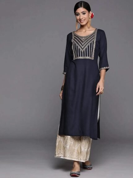 Navy Blue Yoke Design Rayon Straight Kurta